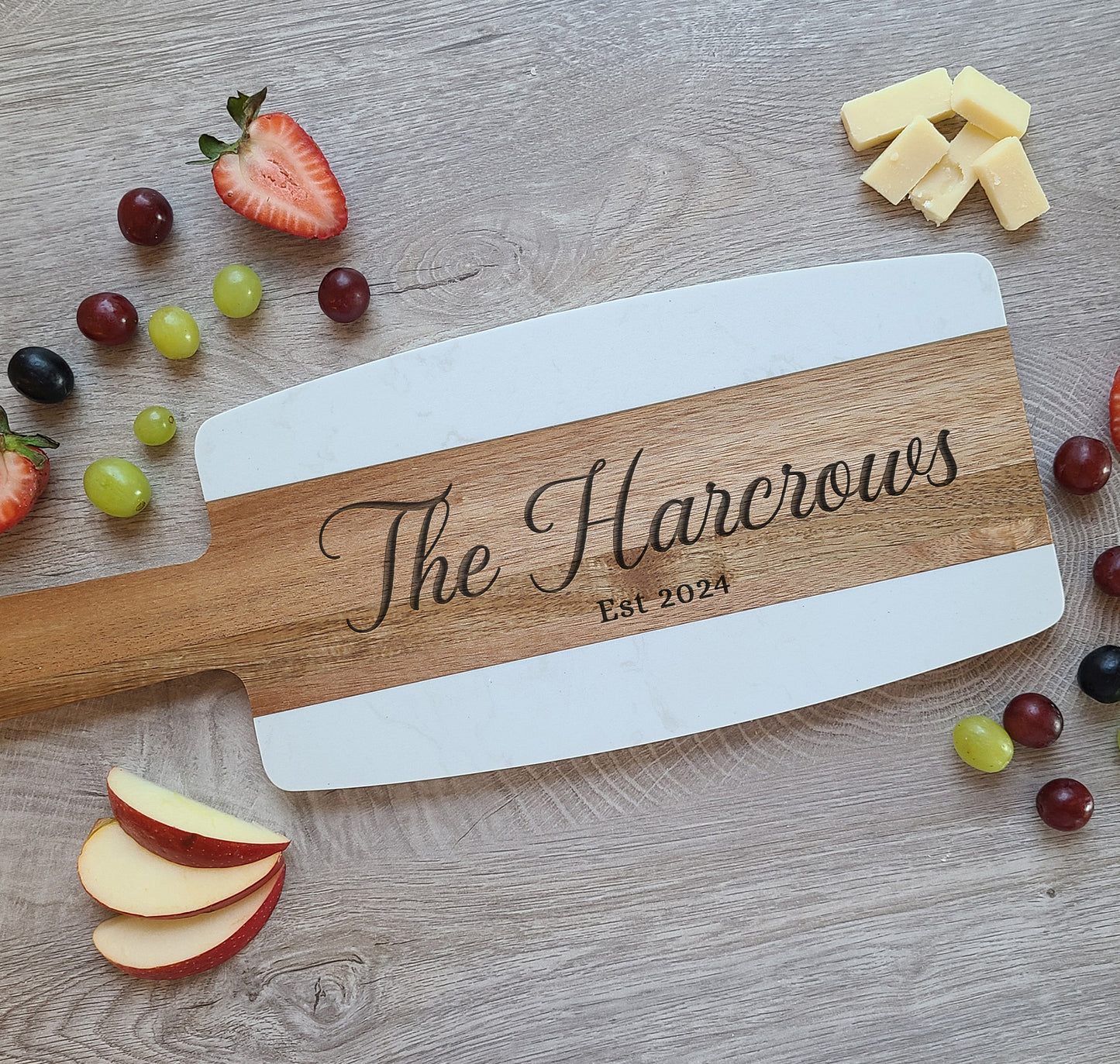 Personalized Acacia Wood Marble Serving Board. Custom Cheese Board - Housewarming Gift, Charcuterie Board - Dragon Forged Studios