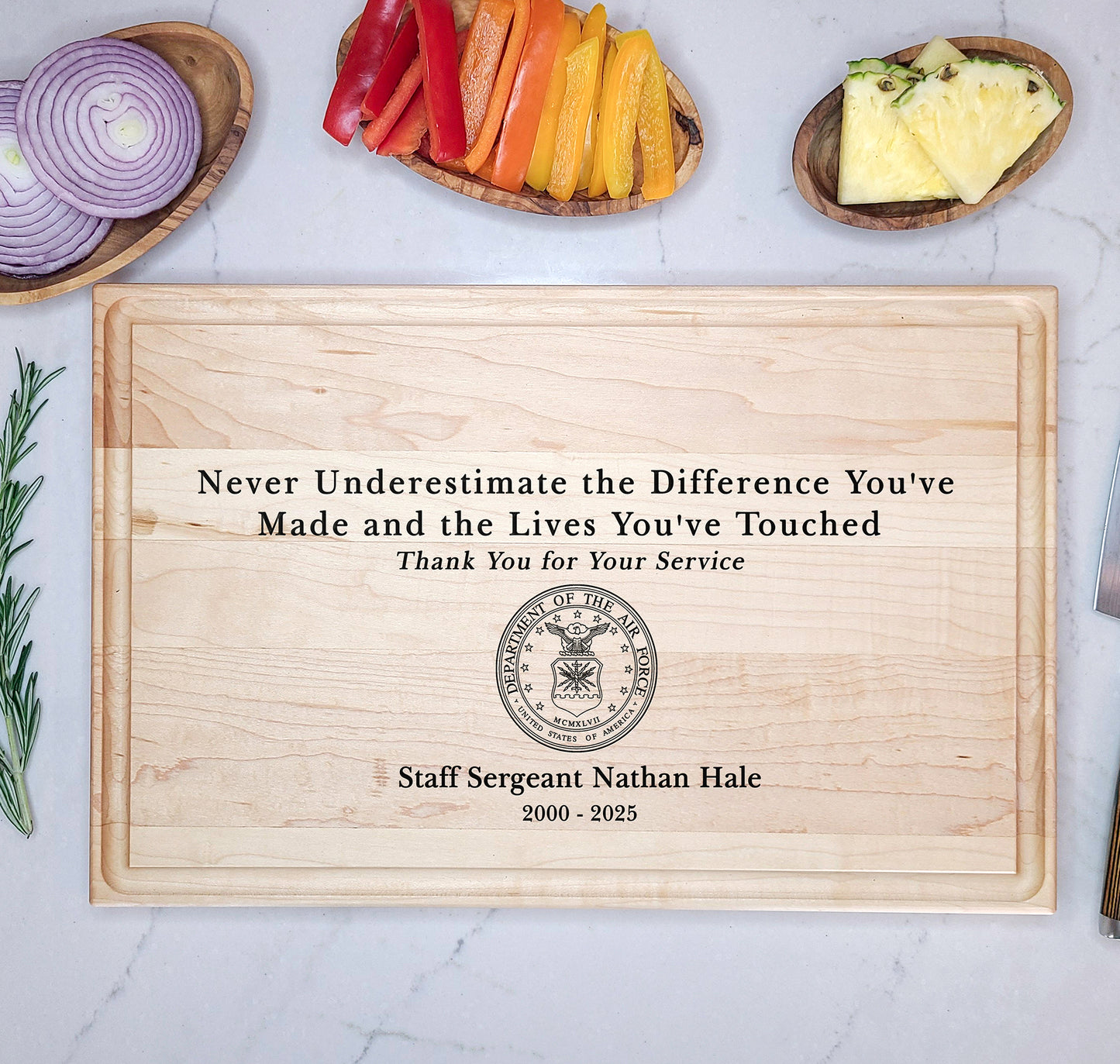 Custom Retirement Gift for Military - Personalized Cutting Board For Army, Navy, Air Force, Marine Retiree, Never Underestimate