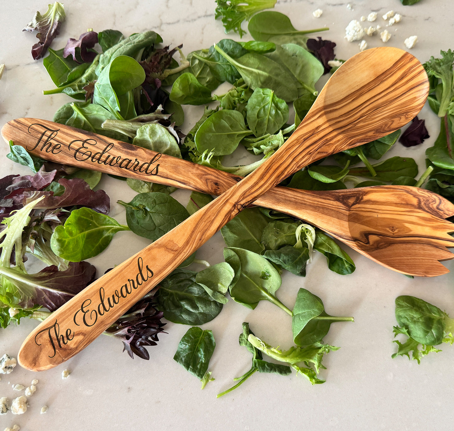 Personalized Olive Wood Salad Server Set - Custom Engraved Rustic Salad Server Set - New Home Kitchen - Anniversary Wedding Gift for Couple