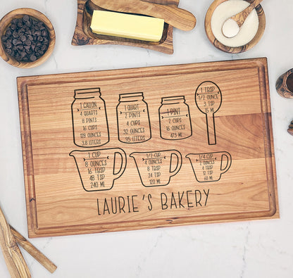 Custom Cutting Board Gift for Baker or New Cook. Baking Chart, Measuring Cups.