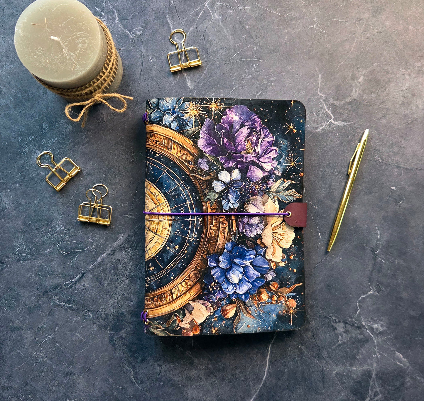 Leather Traveler's Notebook - Celestial Garden - Dark Floral Journal Cover - A5, Standard, Pocket