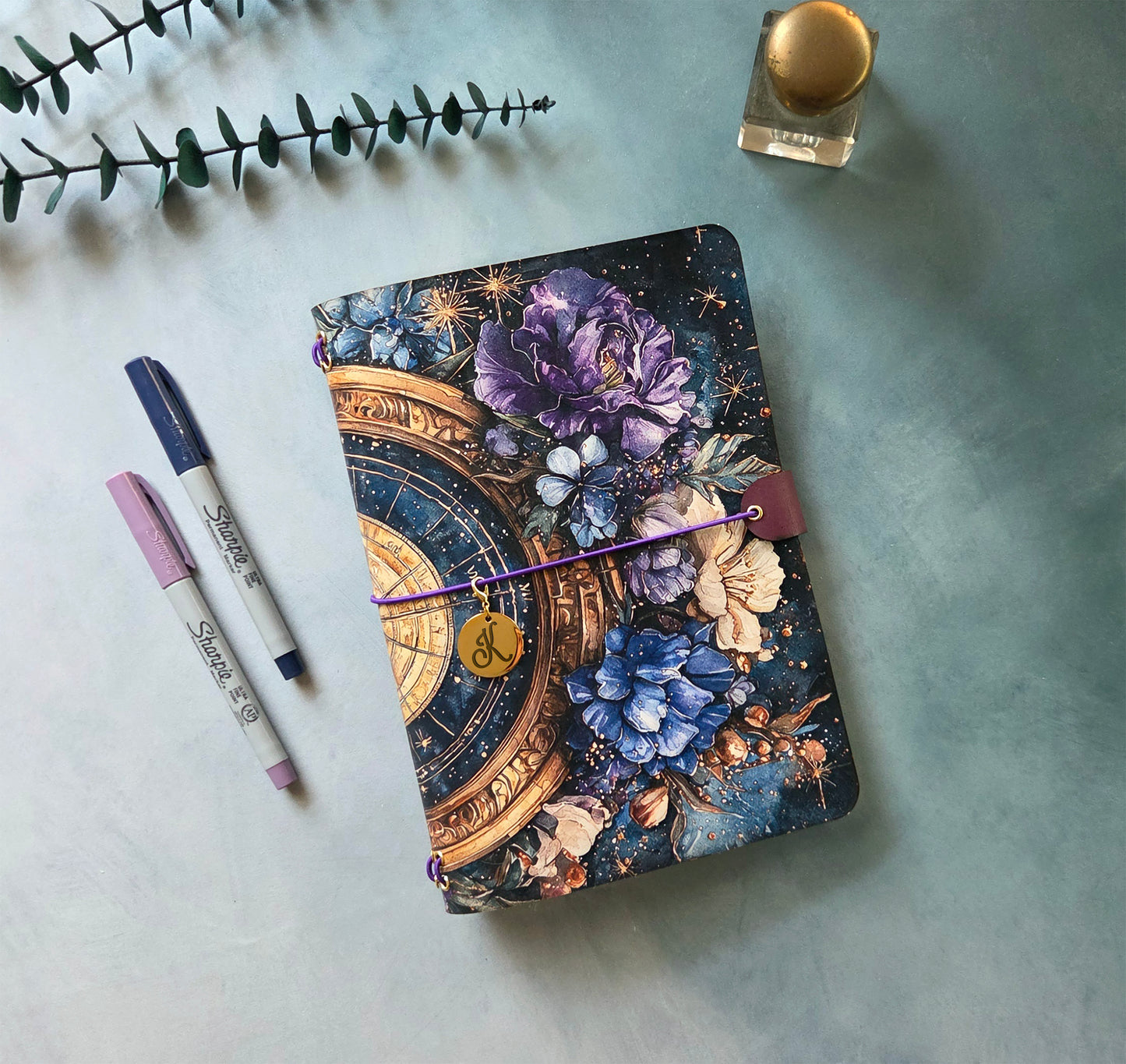 Leather Traveler's Notebook - Celestial Garden - Dark Floral Journal Cover - A5, Standard, Pocket