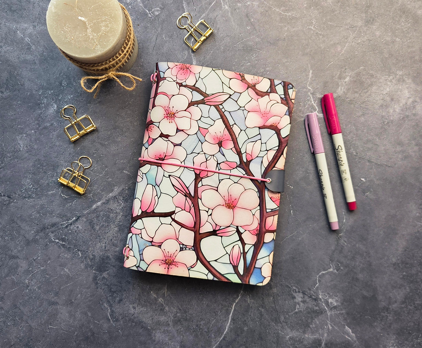 Leather Traveler's Notebook - Cherry Blossom Spring Botanical - A5, Standard, Pocket Field Note Size
