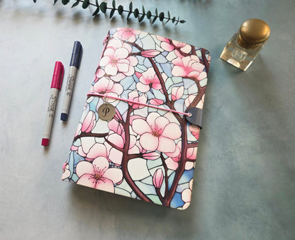 Leather Traveler's Notebook - Cherry Blossom Spring Botanical - A5, Standard, Pocket Field Note Size