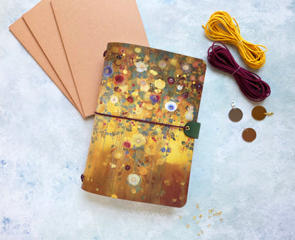 Leather Traveler's Notebook - Golden Botanical - Klimt-Inspired Journal Cover - A5, Standard, Pocket