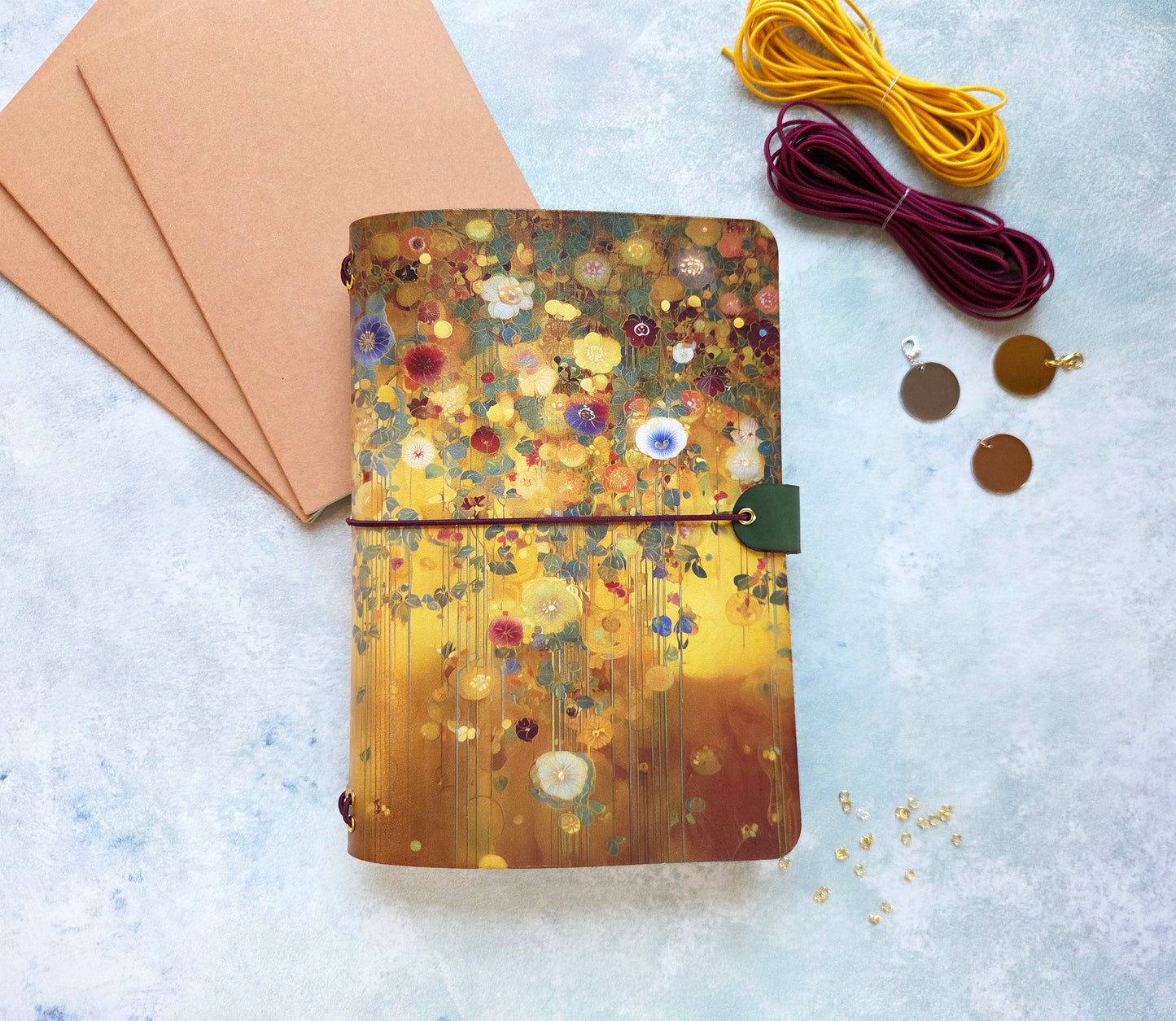 Leather Traveler's Notebook - Golden Botanical - Klimt-Inspired Journal Cover - A5, Standard, Pocket