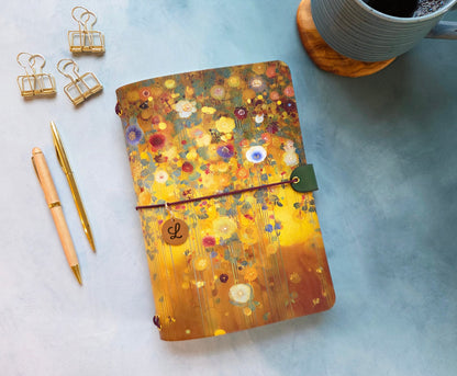 Leather Traveler's Notebook - Golden Botanical - Klimt-Inspired Journal Cover - A5, Standard, Pocket