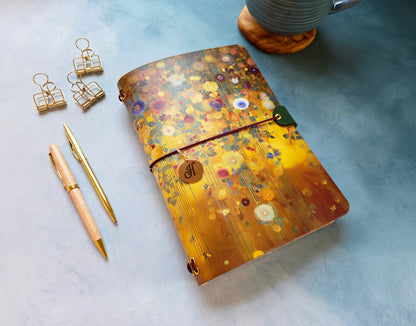 Leather Traveler's Notebook - Golden Botanical - Klimt-Inspired Journal Cover - A5, Standard, Pocket