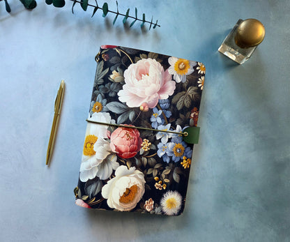 Leather Traveler's Notebook - Midnight English Garden - Dark Floral Journal Cover - A5, Standard, Pocket