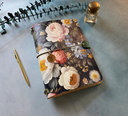 Leather Traveler's Notebook - Midnight English Garden - Dark Floral Journal Cover - A5, Standard, Pocket