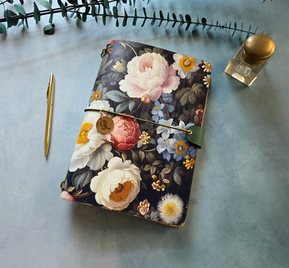 Leather Traveler's Notebook - Midnight English Garden - Dark Floral Journal Cover - A5, Standard, Pocket
