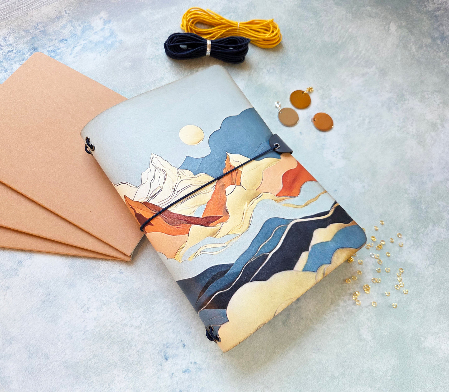 Leather Traveler's Notebook - Mosaic Mountain - Abstract Mountain Journal Cover - A5, Standard, Pocket