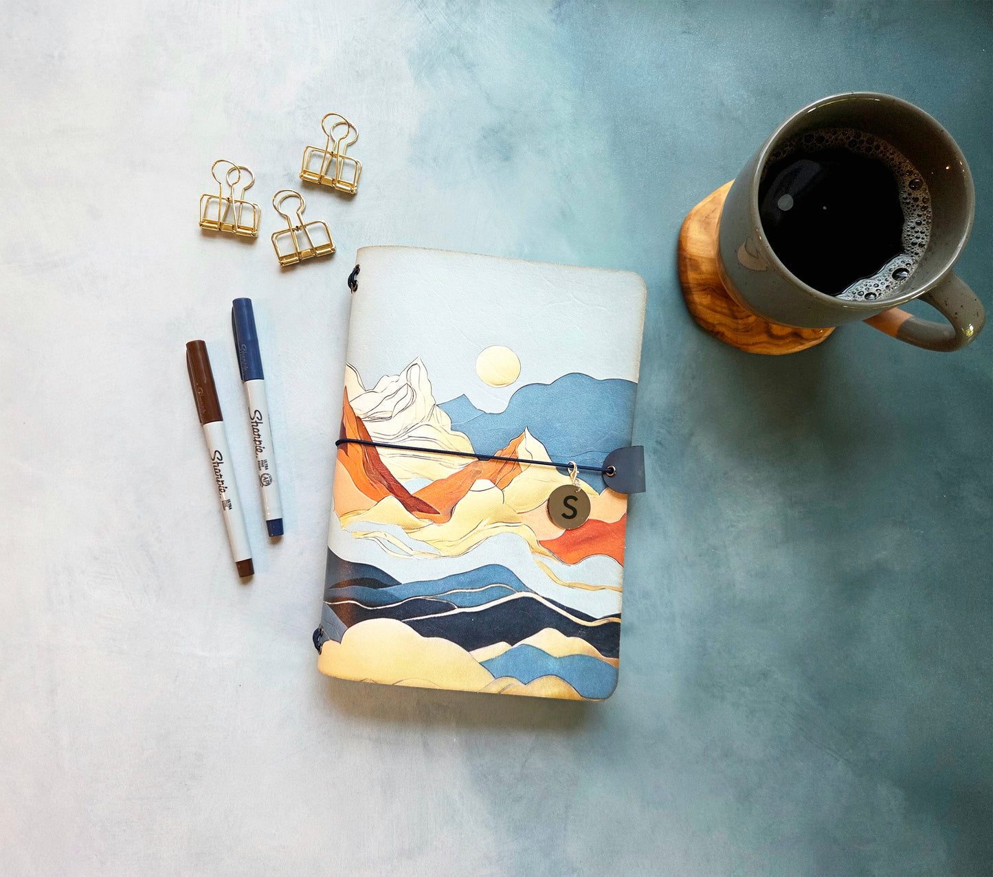 Leather Traveler's Notebook - Mosaic Mountain - Abstract Mountain Journal Cover - A5, Standard, Pocket
