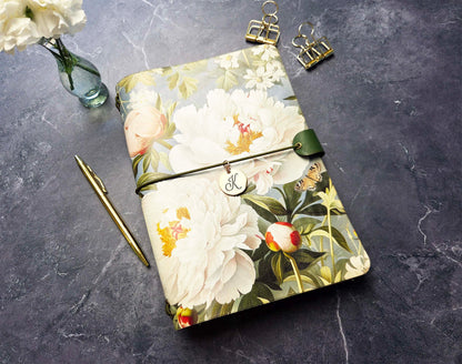 Leather Traveler's Notebook - Queen of the Peonies - Floral Gift for Her - A5, Standard, Pocket