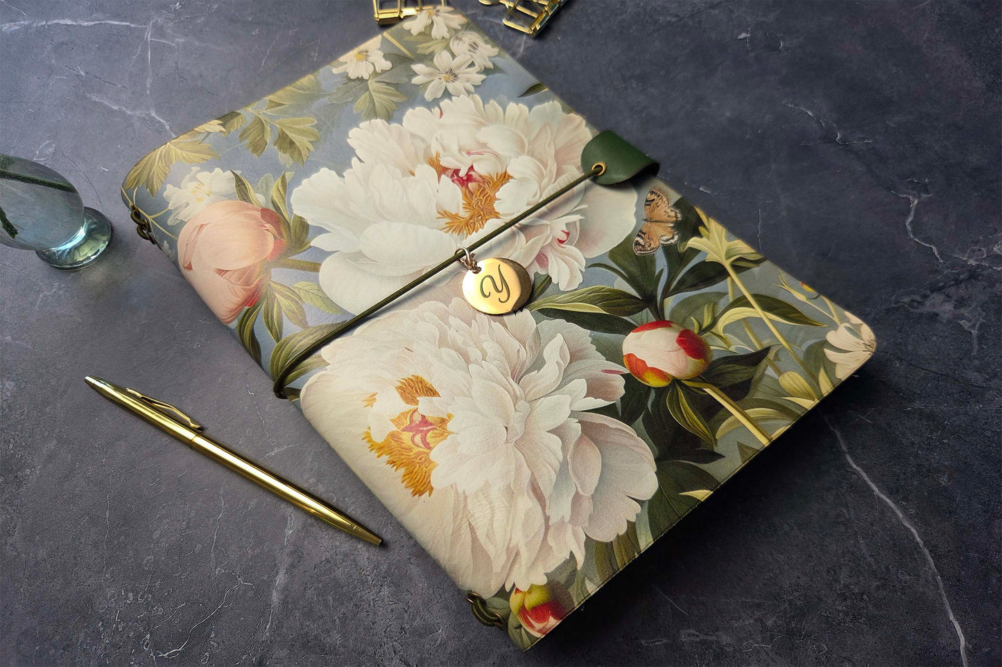 Leather Traveler's Notebook - Queen of the Peonies - Floral Gift for Her - A5, Standard, Pocket