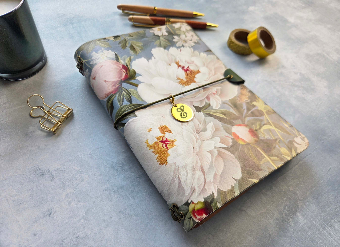Leather Traveler's Notebook - Queen of the Peonies - Floral Gift for Her - A5, Standard, Pocket