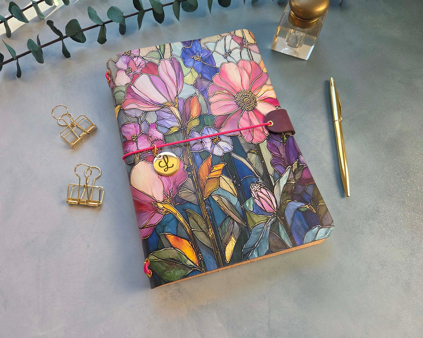 Leather Traveler's Notebook - Stained Glass Garden - A5, Standard, Pocket