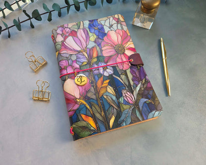 Leather Traveler's Notebook - Stained Glass Garden - A5, Standard, Pocket