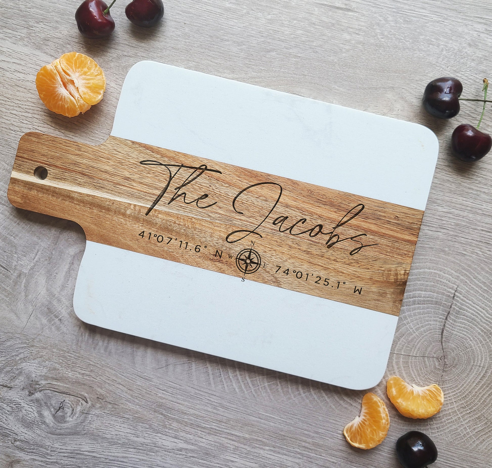 Custom Marble Acacia Cheese Board with GPS coordinates. Charcuterie Board - Dragon Forged Studios