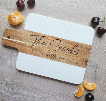 Custom Marble Acacia Cheese Board with GPS coordinates. Charcuterie Board - Dragon Forged Studios