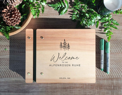 Custom Engraved Guest Book for Cabin Pine Tree Vacation Rental Mountain Lodge Guest Book. Wood Cover Guest Comment Book.