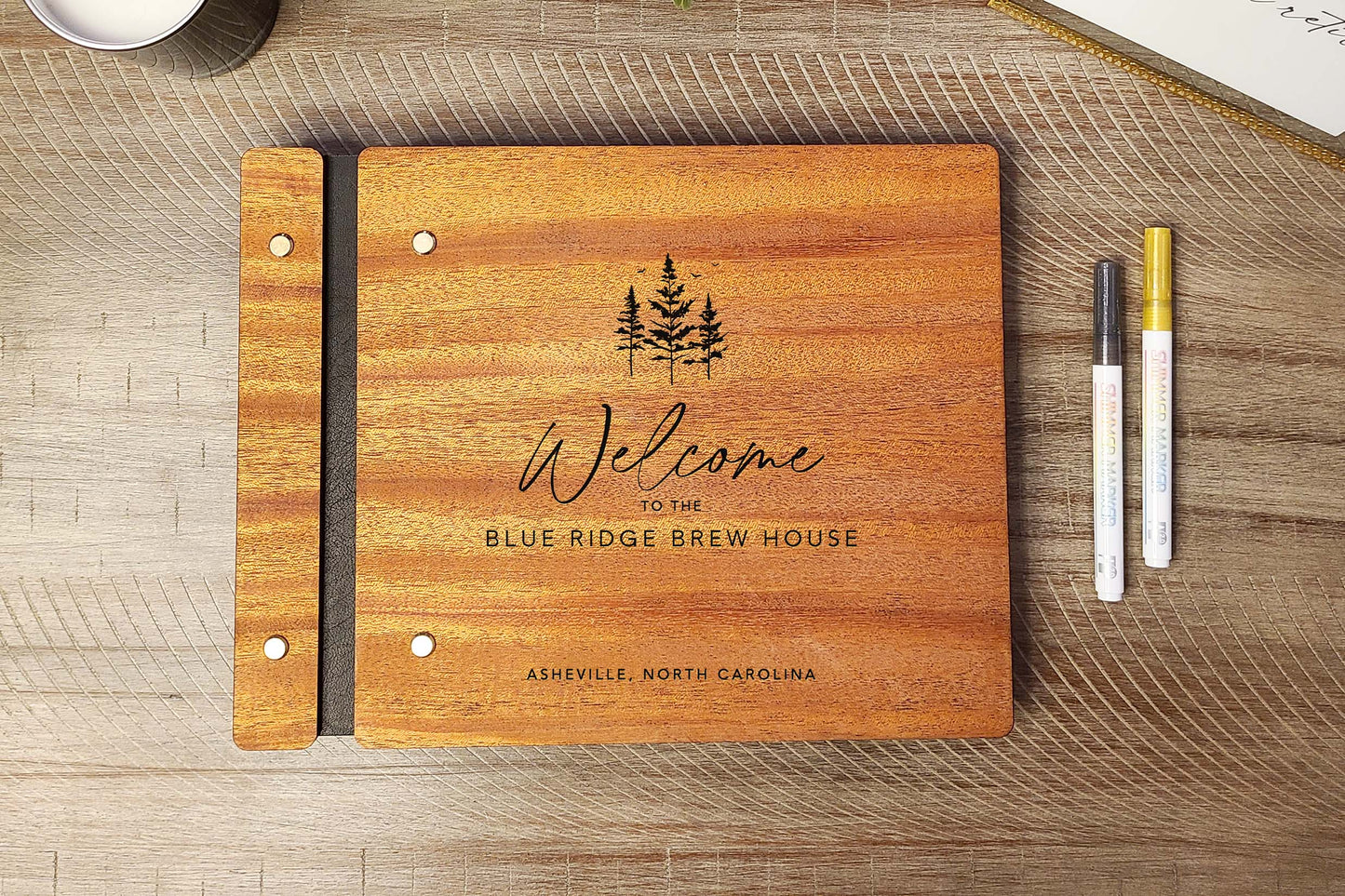 Custom Engraved Guest Book for Cabin Pine Tree Vacation Rental Mountain Lodge Guest Book. Wood Cover Guest Comment Book.
