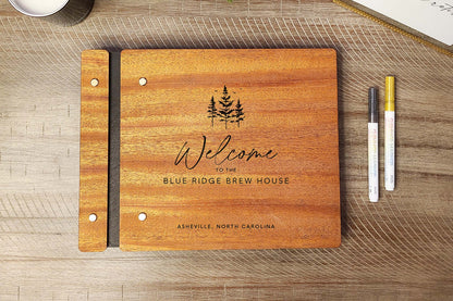 Custom Engraved Guest Book for Cabin Pine Tree Vacation Rental Mountain Lodge Guest Book. Wood Cover Guest Comment Book.