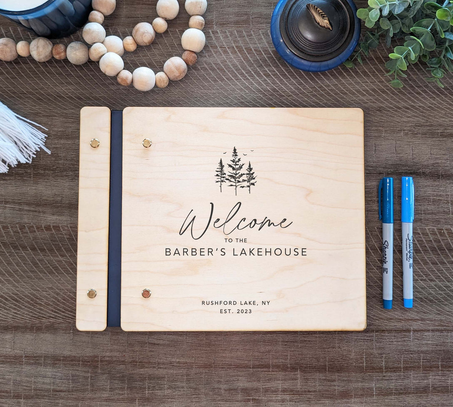 Custom Engraved Guest Book for Cabin Pine Tree Vacation Rental Mountain Lodge Guest Book. Wood Cover Guest Comment Book.