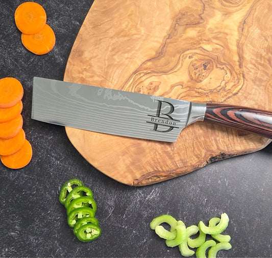 Personalized Nakiri Chef Knife - Custom Engraved Stainless Steel with Pakka Wood Handle