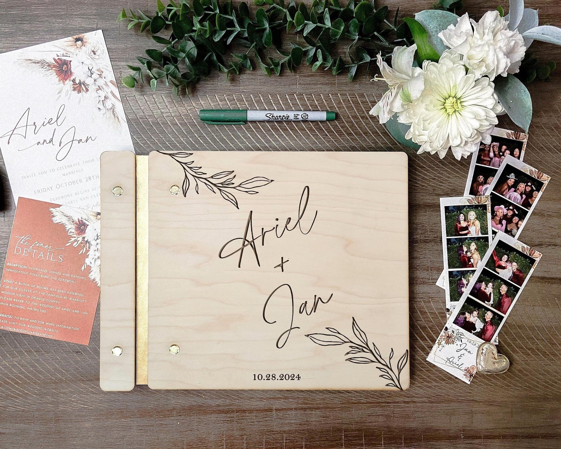 Personalized wooden modern welcome wedding guest book lifestyle flat lay minimalist