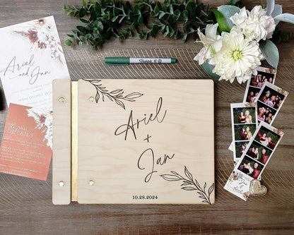 Personalized wooden modern welcome wedding guest book lifestyle flat lay minimalist