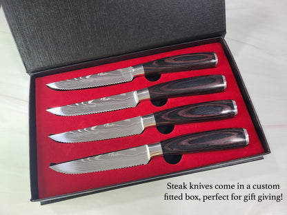 Custom engraved steak knife set lifestyle flat lay personalized pakka wood handles gift