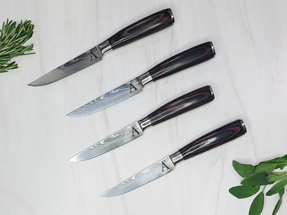 Personalized steak knife set of 6 engraved stainless steel blades pakka wood handles detail