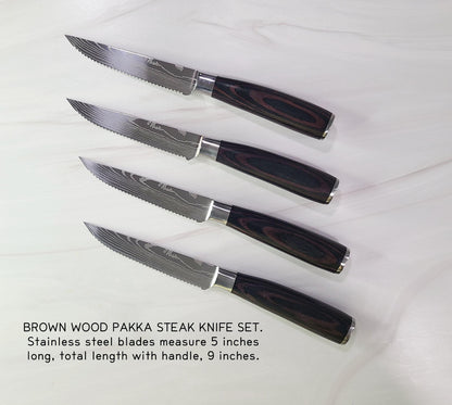 Custom steak knife set with Pakka wood handles and engraved stainless steel blades
