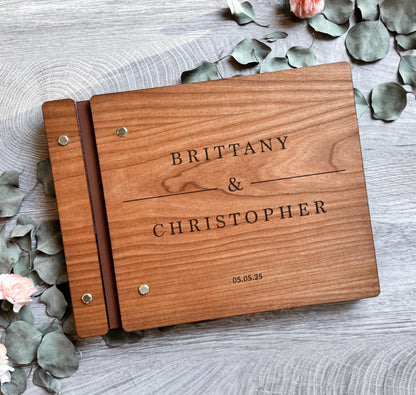 Personalized rustic wedding keepsake book lifestyle flat lay wood engraved couple gift