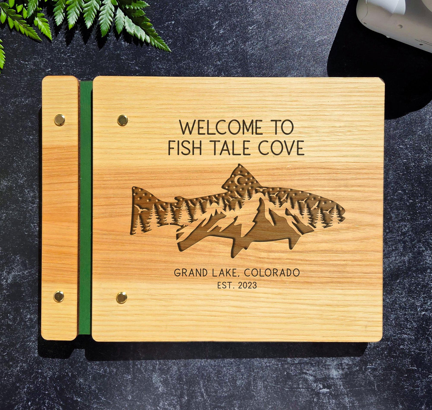 Personalized wooden lake house sign in book open interior pages airbnb vrbo decor