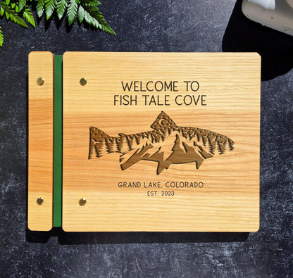 Personalized wooden lake house sign in book open interior pages airbnb vrbo decor