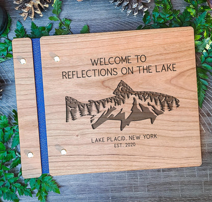 Personalized lake house guest book engraved wood cabin decor airbnb vacation rental