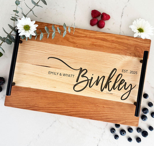 Engraved last name serving tray with handles