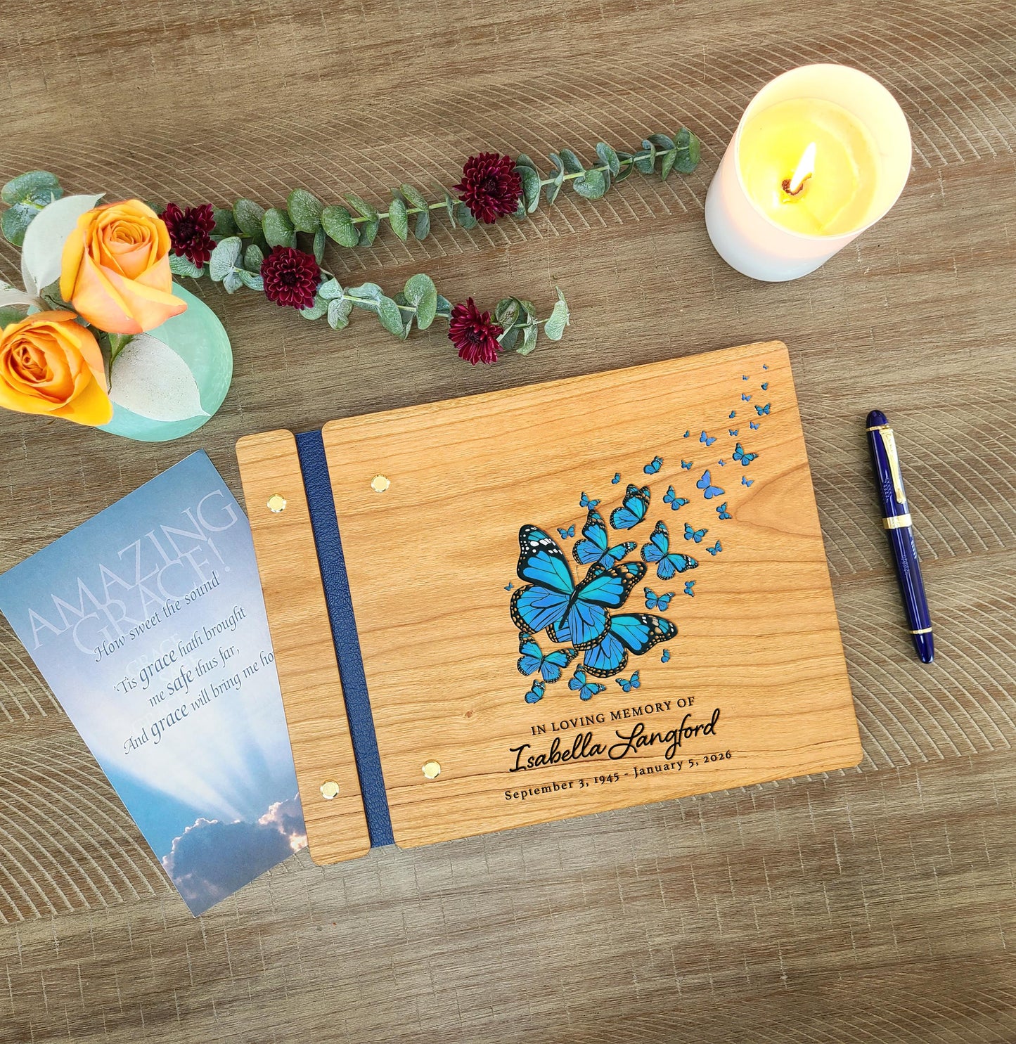 Blue butterfly memorial guest book detail
