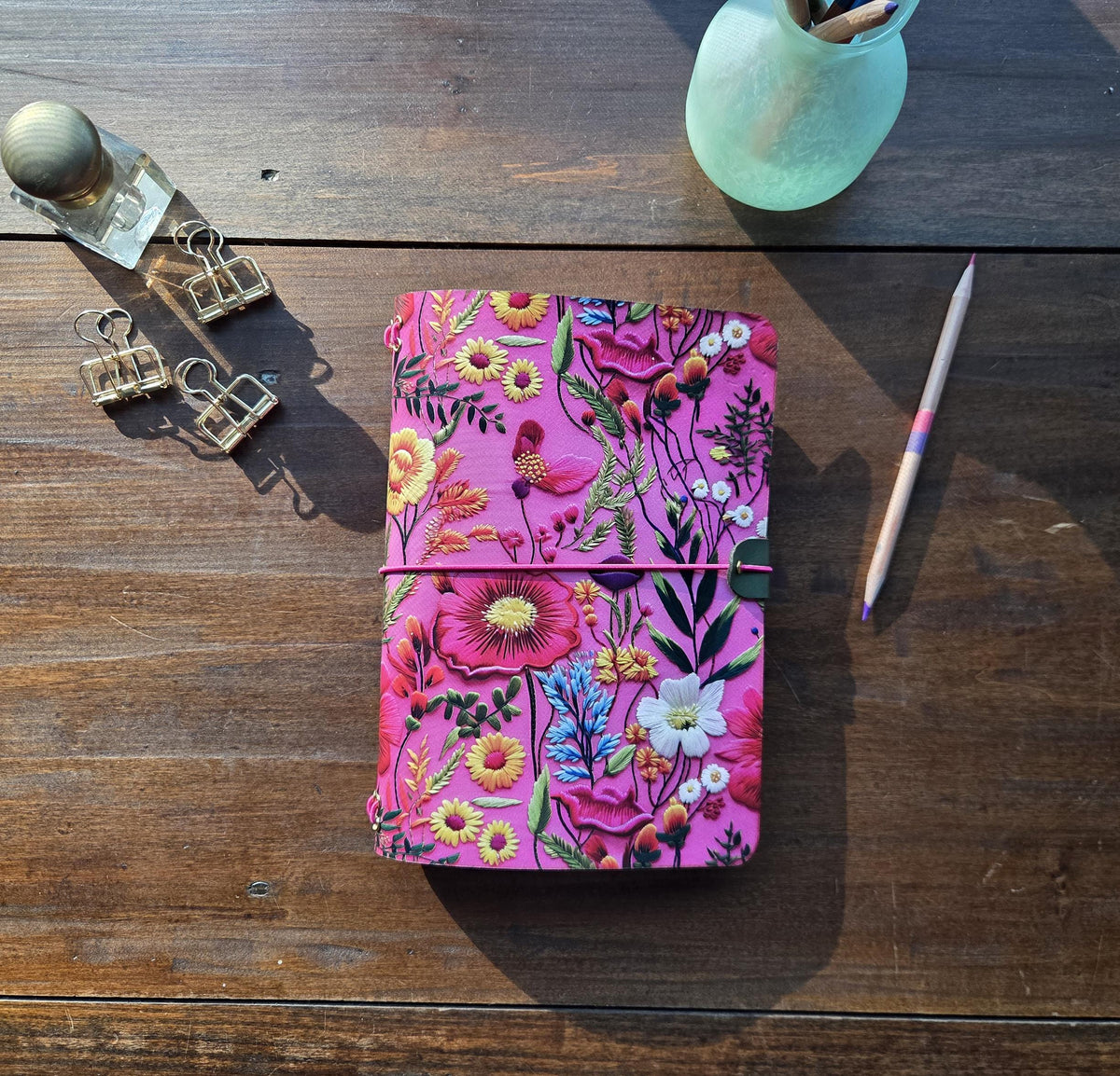Vibrant Pink Botanical leather traveler's notebook cover – photo 13