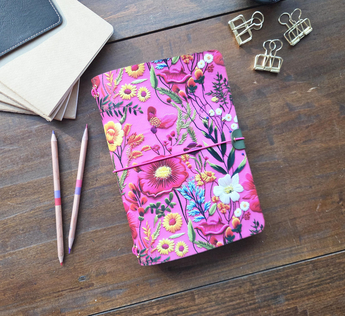 Vibrant Pink Botanical leather traveler's notebook cover – photo 5