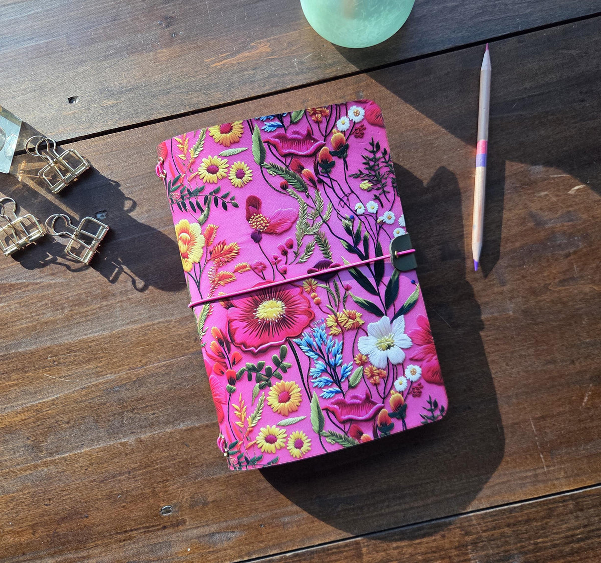 Vibrant Pink Botanical leather traveler's notebook cover – photo 12