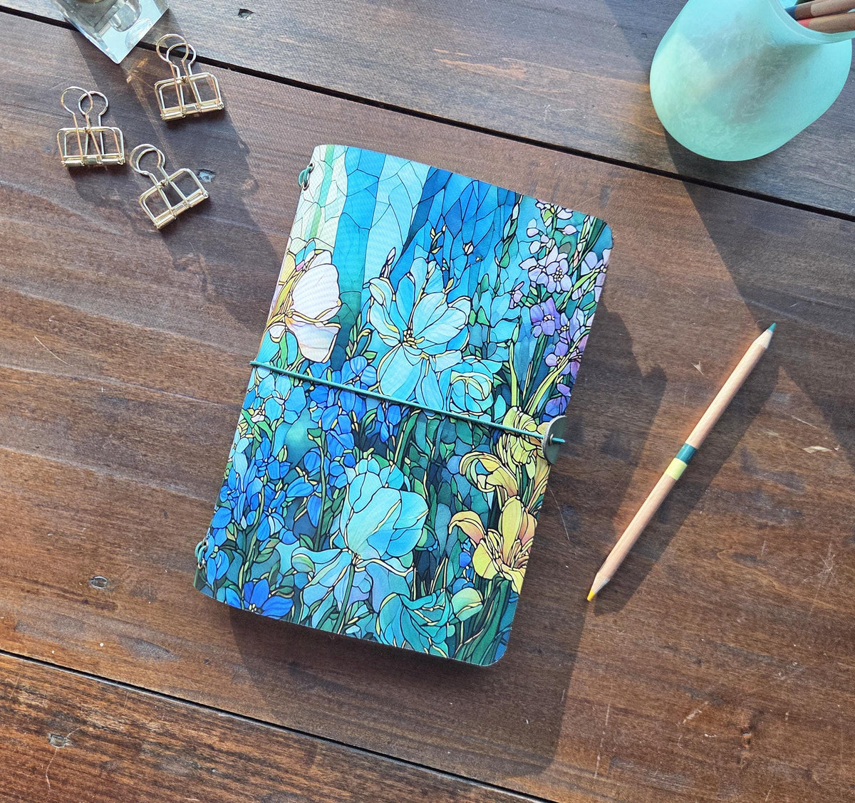 Stained Glass Spring Garden leather traveler's notebook cover