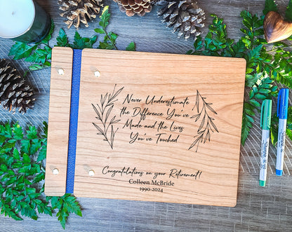 Never Underestimate Retirement Guest Book - Personalized Wooden Keepsake for Coworker, Boss, Retiree