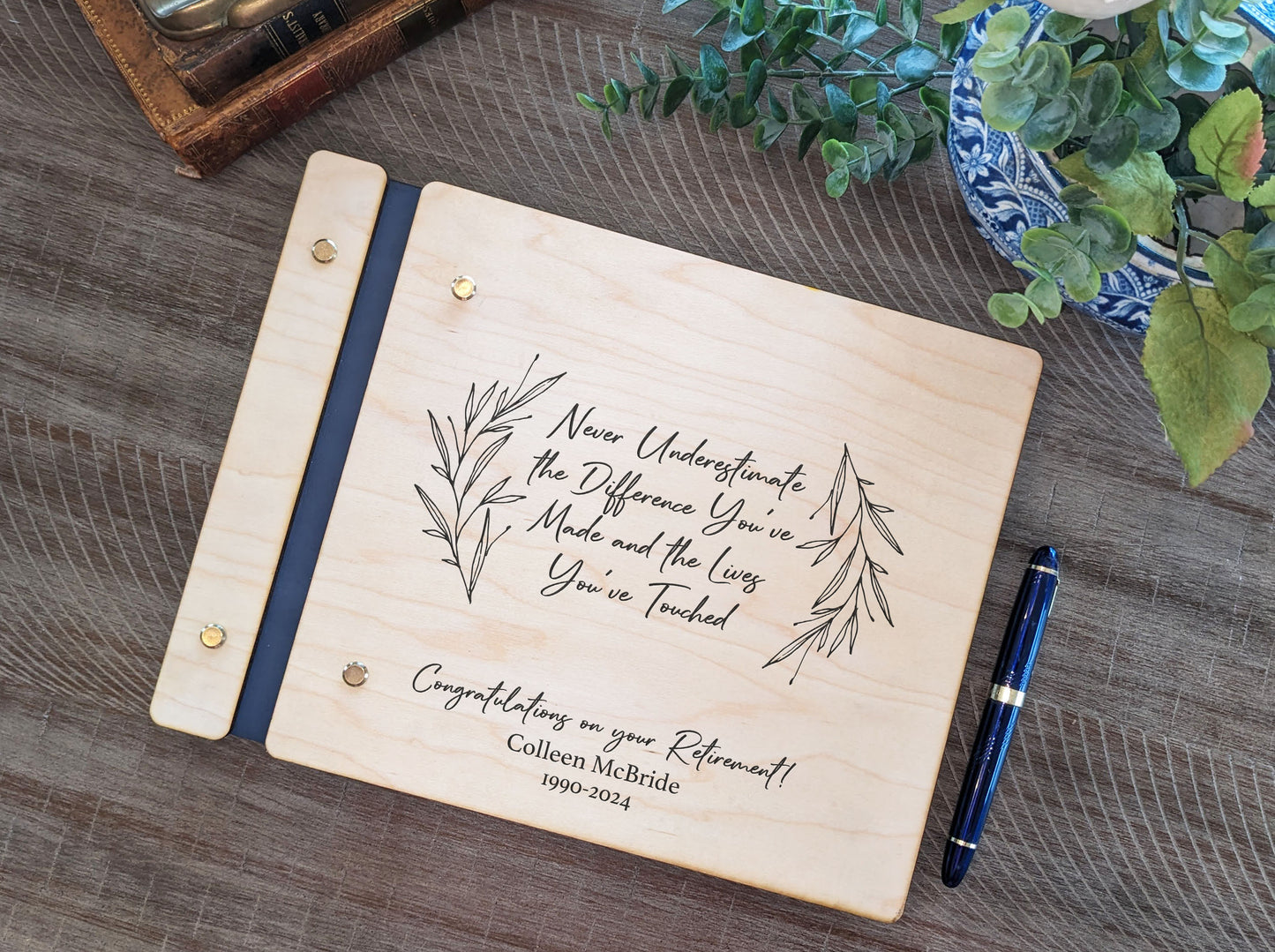 Never Underestimate Retirement Guest Book - Personalized Wooden Keepsake for Coworker, Boss, Retiree