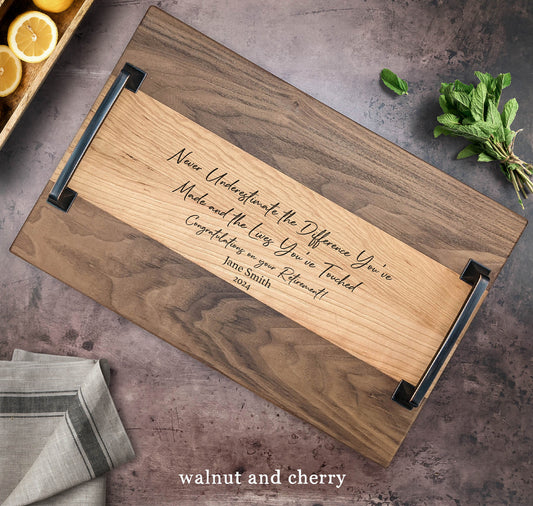 Never Underestimate Retirement Gift Serving Tray. Custom Personalized Serving Tray with Handles - Dragon Forged Studios