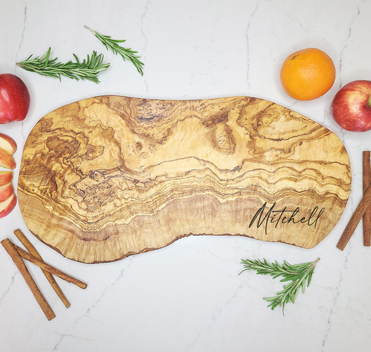 Rustic Olive Wood Charcuterie Board Personalized With Name - Dragon Forged Studios