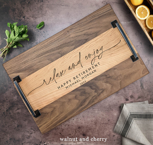Relax and Enjoy Retirement Gift Gift Serving Tray. Custom Personalized Serving Tray with Handles - Dragon Forged Studios