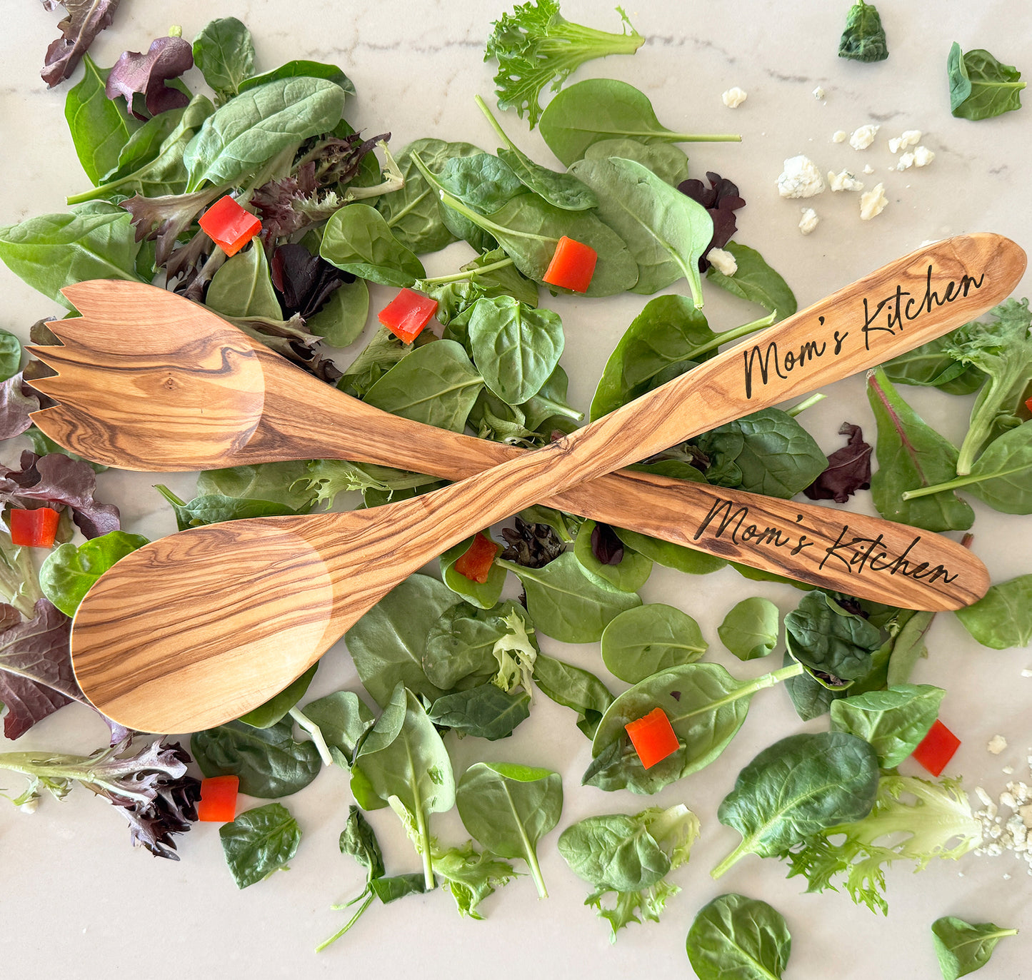 Personalized Olive Wood Salad Server Set - Custom Engraved Rustic Salad Server Set - New Home Kitchen - Anniversary Wedding Gift for Couple